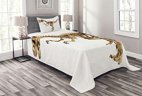 ABAKUHAUS Dinosaurier Tagesdecke Set, Fossil Dino-Skelett, Set mit Kissenbezügen Waschbar, für Einselbetten 170 x 220 cm, Hellbraun Weiß