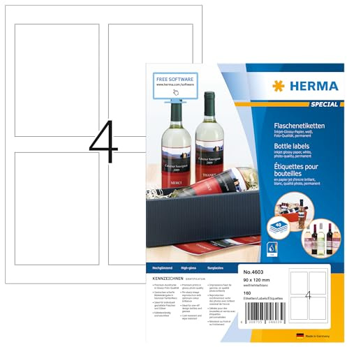 HERMA 4603 flasketiketter för bläckstråleskrivare A4 (90 x 120 mm, 40 ark, papper, glansig) självhäftande, utskrivbara, permanenta etiketter för flaskor, 160 klistermärken, vit