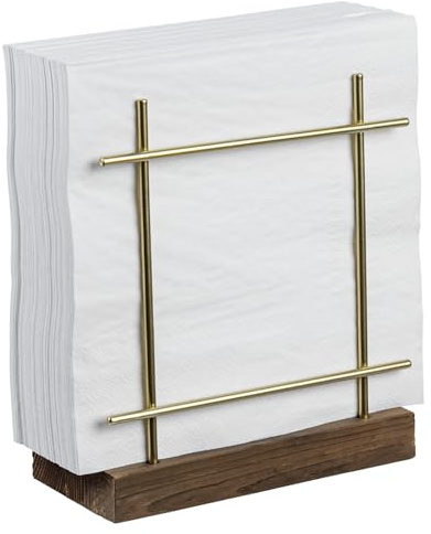 MyGift Napkin Holders for Table & Kitchen, Brass-Tone Wire Metal Napkin Dispenser with Wood Base, Modern Farmhouse Tabletop Dining Decor for Home/Cafe/Restaurant