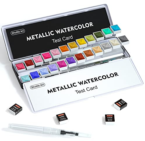 Shuttle Art Metallic Aquarellfarben Set, 24 Metallic Wasserfarben mit Wasserpinsel, Aquarellpapier, Glitzer Aquarellfarben in 1/2 Näpfen, Wasserfarbkasten Tuschkasten für Aquarellmalerei, Kalligraphie