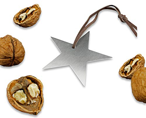 Echter Edelstahl-Nussknacker Form Stern inklusive Lederband - 6,8 x 6,8 cm - Cellophaniert ideal als Anhänger oder kleines Geschenk