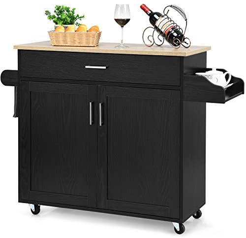 COSTWAY Carrello da Cucina con Ruote di Gomma, Scaffale per Microonde Carrello Servizio, Mobile Cucina con Ripiani e Ante, Credenza Cucina Legno Moderno Elegante, 116 x 37 x 85 cm (Nero)