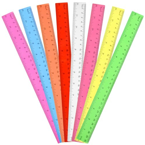 Unjoo Clear Plastic Ruler 12 Inch Straight Rulers, Bulk Assorted Colors, Shatterproof Ruler with Inches and Centimeters for School Classroom, Home, or Office (8 Pack)