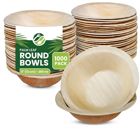 ECO Leaf 1000 Disposable Palm Leaf Bowls |5”(12cm) Round Compostable Dinner Bowls | Eco-Friendly, Biodegradable Heavy-Duty Bowl for Wedding, Party and Picnic | Microwave & Oven Safe, Pack of 1000