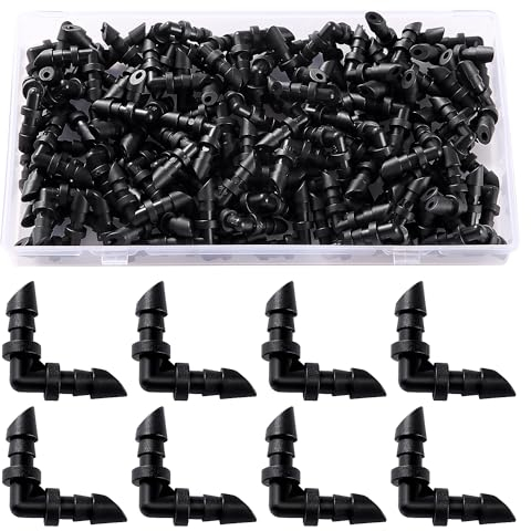 VooGenzek 100 Piezas Codo Conector Riego, Conectores de Manguera de Riego 4/7mm, Conectores para Tubo de Riego Goteo, Accesorios Riego Goteo, Conectores de Púas Manguera para Sistemas de Riego
