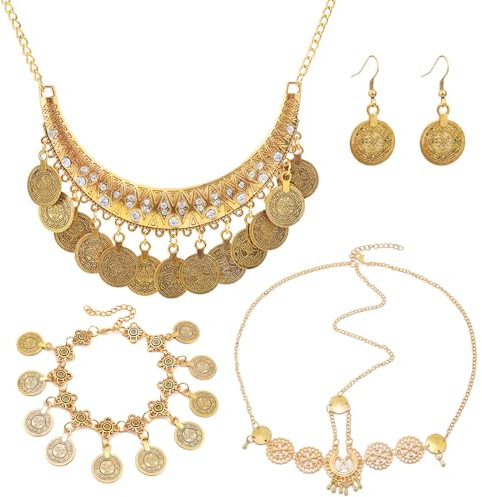 Hifot Bauchtanz Kostüm Set Mit Vintage Halskette, Coin Kopfkette, Armbänder, Ohrringe Gold - Wahrsagerin Indischer Schmuck für Piraten Jasmin - Damen Mädchen Mottoparty Karneval