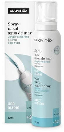 Suavinex, Spray Nasal Infantil con Agua de Mar, Apto Bebés y Niños +3 Años, Isotónico, para la Higiene Diaria, para Lavados Nasales, Limpia e Hidrata, con Aloe Vera, Fuerza Media, 120 ml