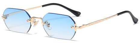 qinqilanqi-S Lunettes de soleil sans monture pour femmes et hommes, lunettes de soleil rétro en métal, lunettes de soleil hexagonales à petit bord polygonal (Gold/Farbverlauf Blau)