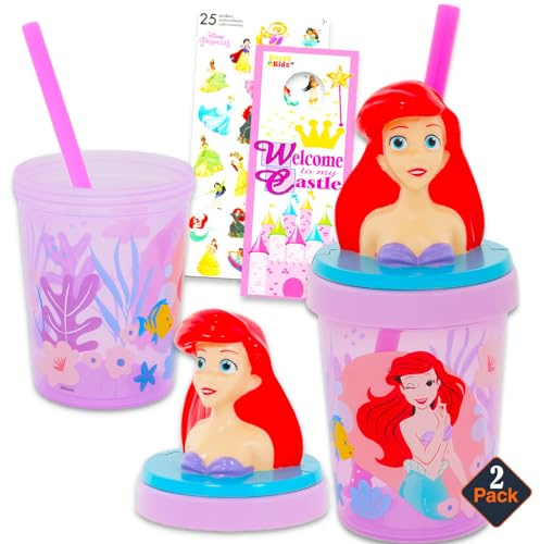 Disney Little Mermaid Ensemble de gobelets pour enfants – Tasse Princesse Disney avec 2 gobelets Ariel sans BPA avec couvercle et paille et autocollants pour tout-petits | Disney