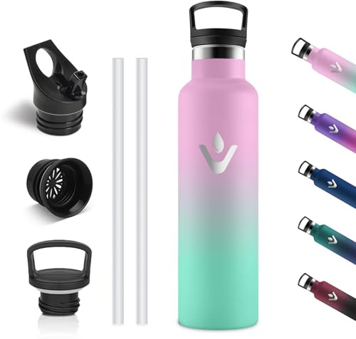 Vikastar Edelstahl Trinkflasche, Thermosflasche 750 ml, BPA-frei Trinkflasche, Thermosflasche mit Strohhalm, Trinkflaschee für Schule, Sport, Fahrrad, Camping, Hellrosa & Hellgrün