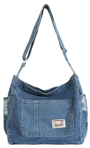 Ausing Bolso de Hombro de Mezclilla para Mujer con Cremallera Bolso de Compras Ligero Bandolera Vintagepara Viaje Día a Día Estilo Casual Azul Claro