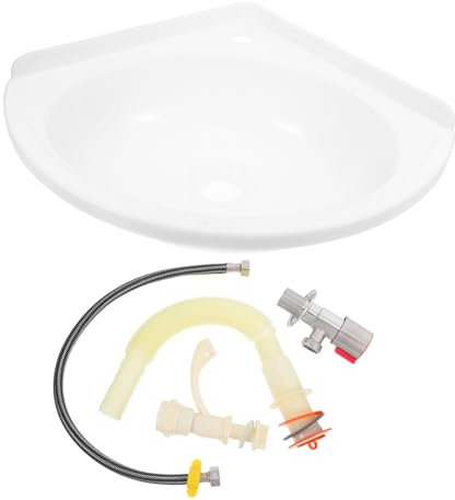 Tofficu Wall Mounted Plastic Corner Bathroom Basin Sink Faucet Drain Hose and Angle Valve Compact Hand Wash Sink for Small Toilet and Garage Utility