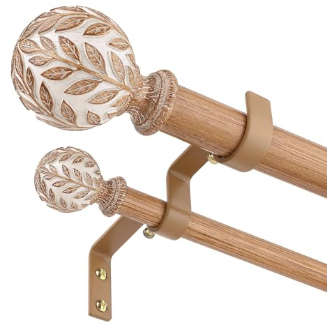 Wood Double Curtain Rod, Boho Decorative Long Dual Curtain Rods for Windows 84 to 120 Inch, 1 Adjustable Heavy Duty Double Rod, Unique Handmade Imitation Wood Grain Leaf Finial Design