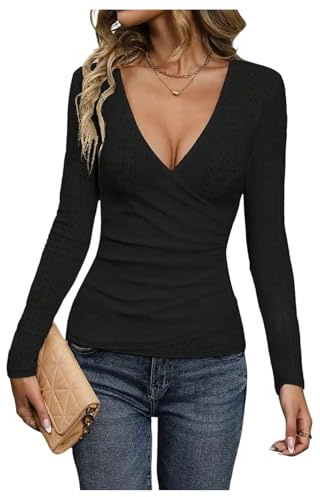 GORGLITTER Women's Deep V Neck Wrap Ruched Tee Shirts Long Sleeve Fake Button Front Sexy Skinny Trendy Tops Black X-Large