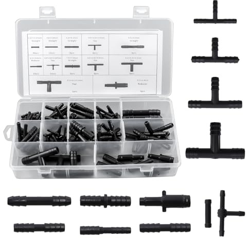 MISIQIMA 113 Stück Schlauchverbinder Set, 12 Größen Schlauch Verbindungsstück, Schwarze T-Förmige, Gerade, Schlauchverbinder 4mm, für Scheibenwaschschläuche, Gartenschläuche, Bewässerungssysteme