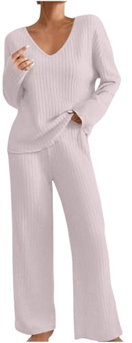 Ensemble Femme Chic et Elegant Tenue Interieur Survêtement de Détente Automne et Hiver Décontracté Ensemble de Pyjama Col V Côtelé Manches Longues et Pantalon à Jambes Larges avec Poches Sportwear
