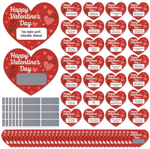 Glenmal 30 Sets Valentines Day Scratch off Cards Gift Red Heart Shaped Scratch Cards Funny Happy Valentines Love Game Card Self Adhesive for Coworker Employee Staff Team Adult Office Party Favor