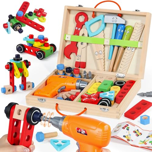 Juguetes Niños 3 Años Regalo Niño Niña 3 4 Años, Madera Caja Herramientas Juguete con Taladro Eléctrico, Juguetes Montessori Juegos Educativos Niños Niñas 3 4 Años (44 Piezas)