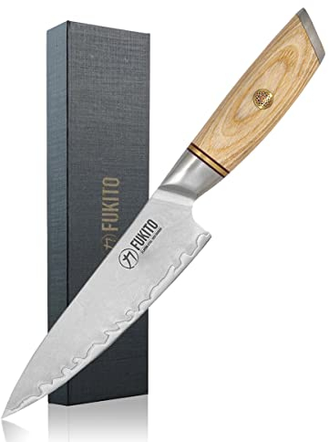 Fukito - Couteau Universel Pakka San Mai Design Japonais Lame 13cm Noyau En Acier Inoxydable Manche Bois De Pakka Clair - Vendu Dans Un Coffret Cadeau