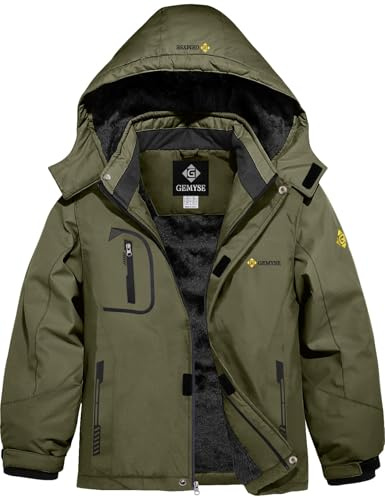 GEMYSE Boy's Waterproof Ski Snow Jacket Fleece Windproof Winter Jacket with Hood (Army Green,10/12)