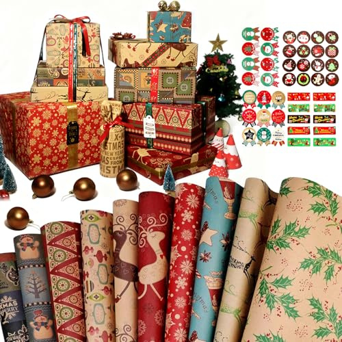 Papel de Regalo Navidad en Kraft 70*50cm, Bst4U 15 Hojas Papel Envolver Navidad con 43 Pegatinas, Reciclable, Mezcla Navideña Vintage de 11 Patrones, Papel Regalo Kraft Navideño para Envolver Regalos