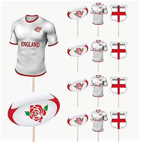 AK Giftshop England Rugby Team - Shirt, Ball and Flag Mix Birthday Party Food Cupcakes Picks Decorations Toppers (Pack of 14)