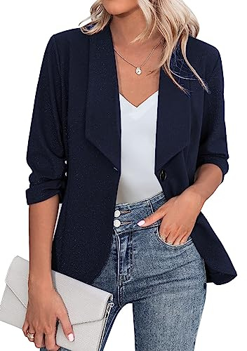 Zeagoo Dam blazer elegant 3/4-ärm business långblazer, smal passform, kavaj, vardagligt arbete, kavaj, kostym S–3XL, marinblå, XXL