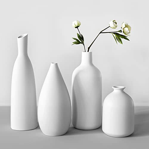Keramiska vaser, set om 4, 22 + 19 + 17 + 11 cm höjd, blomvaser, modern dekoration, estetisk, vaser för pampasgräs, blommor, bordsdekoration, tulpanvas, bokhylla, spiselkrans, vardagsrum, sovrum,