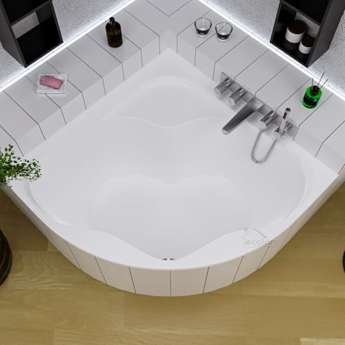 ECOLAM Baignoire d'angle symétrique SELMA 140 x 140 cm + support universel en polystyrène | pieds siphon et silicone | baignoire en acrylique blanc