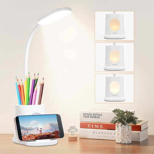 LQWELL® 4-I-1 LED-Skrivbordslampa USB-Laddningsbar För Hemmakontor, 360° Flexibel Studiebordslampa Med Penna Och Telefonhållare, 3 Ljusstyrka Nattljus (Vit)