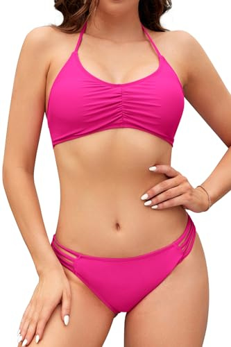 SHEKINI Triangolo Donna Sexy Halterneck Tankini Estate Brasiliana Push up Hollow out Bikini Donna Costume Costumi da Bagno Due Pezzi Swimwear Beachwear（M，Fluoreszierendes Rosa）