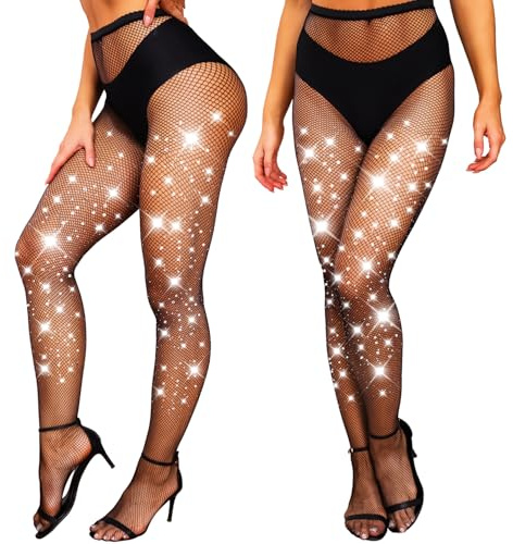 K BKVAVA 2 Pairs Sparkly Fishnet Tights Rhinestone Fishnets for Womens, Small Net, Black