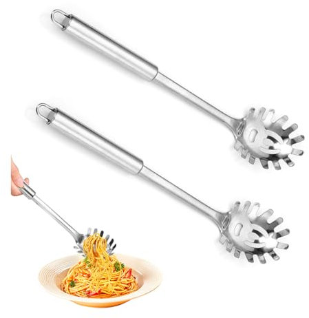 Bieiyhe 2 Cuillère à Spaghetti 30 cm,Cuillere a Pates Cuisine,Pasta Spoon,Fourchette à Pâtes,Cuillère de Service à Spaghettis en Acier Inox,Cuillère à Nouilles Suspension,Cuillère à Pâtes Satinée
