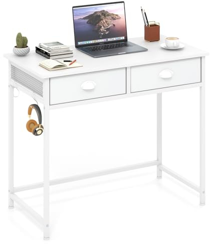 COSTWAY Computer Desk, Wooden PC Laptop Table Writing Workstation with 2 Drawers and 4 Hanging Hooks, Simple Home Office Working Gaming Study Desk, 90 x 45 x 75 cm (White)