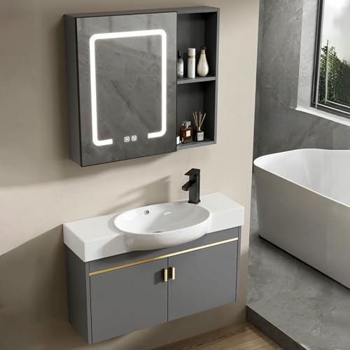 Lavabo de salle de bain d’angle, meuble-lavabo mural, lavabo de salle de bain d’angle, lavabo en céramique B avec évier en céramique et armoire de toilette LED anti-buée, pour la blanchisser