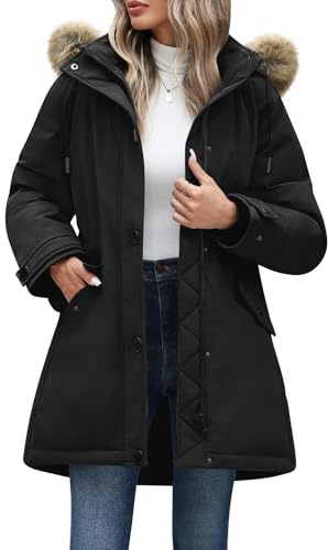 CMTOP Winter Jackets for Women Mid-length Hooded Parka Warm Thicken Ladies Overcoats Casual Elegant Zip Up Coats Waterproof Windproof Outerwear with Pockets(Black, L)
