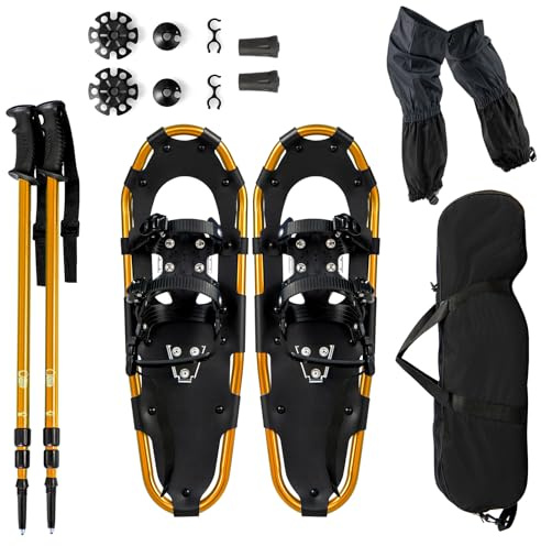 SOARS Kit Racchetta da neve 4 in 1, Racchette in alluminio con bastone da passeggio telescopico, borsa portaoggetti, ghette impermeabili, per donne, uomini, bambini (25, oro)