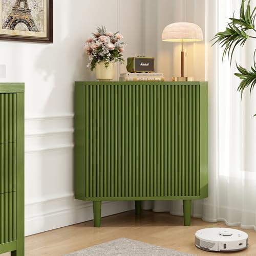 Vudanfe Fluted Floor Corner Kitchen Cabinet, Wooden Freestanding Cabinets Organizer with Door, Side Storage Organizer for Living Room, Dining Room, Bathroom Green
