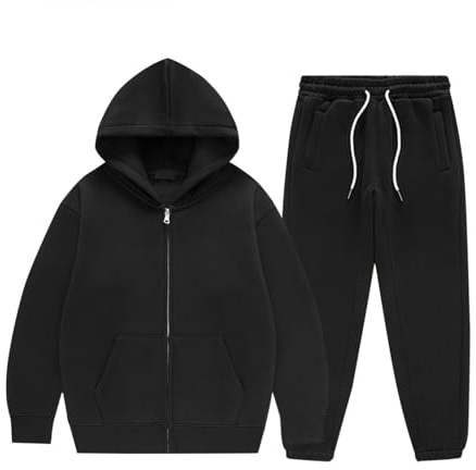 Tuta da ginnastica per ragazzi e bambini, con cappuccio, tinta unita, con pantaloni della tuta, set sportivo in pile con zip intera, giacca, set da palestra per ragazze, 2 pezzi