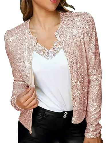Generisk blazer dam elegant festlig glitter, kort kavaj dam sportig glittrande axeljacka paljetter bolerojacka fashionabla kostymjackor för fest elegant kofta affärspaljettblazer, rosguld, XXL