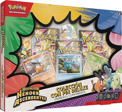 Pokémon: Colección con Pin Deluxe Primeros Compañeros de Megaevolución-Héroes Ascendentes (3 Cartas holográficas de promoción, y 5 Sobres de Mejora)