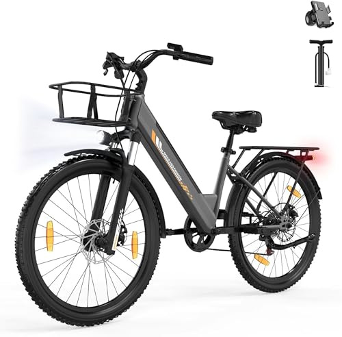 Runetic Bici Elettrica Per Adulti Da 26, 7 Velocità Bicicletta Elettrica da 36V 13Ah Batteria Rimovibile, 25km/h & Autonomia di 80-100km E-bike Per Pendolari Urbani