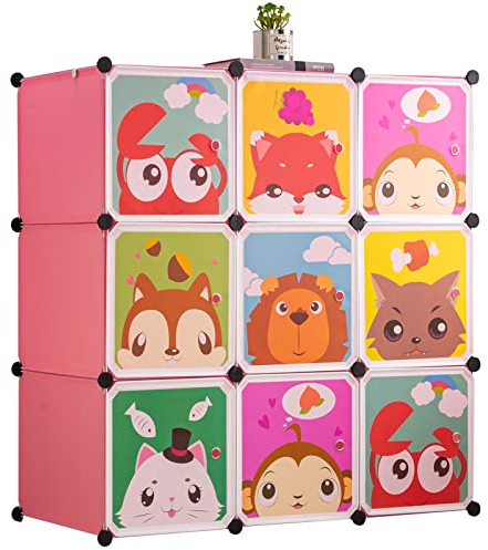 BRIAN & DANY Erweiterbares Kinderregal Kinder Kleiderschrank Stufenregal Bücherregal mit Türen, tiefere Fächer als normal (45 cm vs. 35 cm), 110 x 47 x 110 cm Rosa