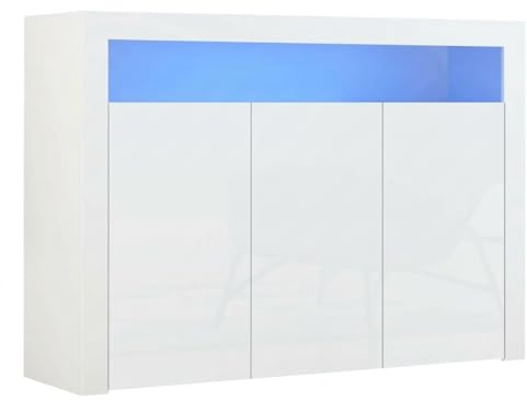 Panana High Gloss 3 Door Sideboard Cupboard with LED Lights Large Display Cabinet Storage Unit for Living Room Bedroom (White)