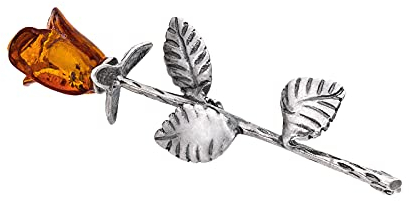 Damen Brosche, 925 Silber oxidiert, Bernstein Röslein handgeschnitzt, Kleine Silber Brosche mit Bernstein Rose in Cognac Farbe, 3g