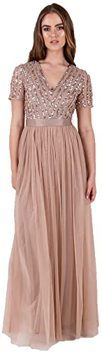 Maya Deluxe Damen Maya Deluxe Stripe Embellished Maxi With Sash Belt Bridesmaid Dress, Taupe Blush, 38 EU