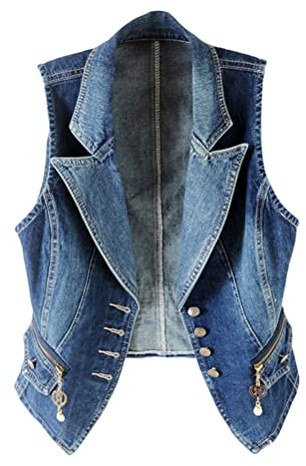 ORANDESIGNE Chaleco Vaquero Mujer Corto Chaleco Vaquero con Bolsillos Chaleco De Mezclilla Solapa Lavado Abotonado Con Bolsillos Pecho B Azul Oscuro M