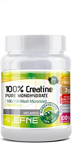EFNE | Creatina 100% Monohidrato 100/120 Mesh Micronized | 300 Gramos en Polvo | 100% Pureza |Aumenta Resistencia | Aumenta Fuerza |Sabor Neutro | Vegano | Fabricada sin mezclas
