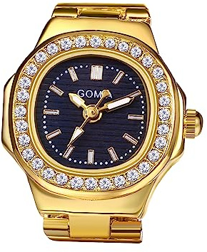 JewelryWe Reloj con Anillo, Reloj de Dedo, Reloj de Tamaño Ajustable, Reloj con Anillo Elástico, Caja Dorada con Esfera Negra