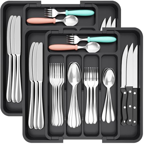 Lifewit Silverware Drawer Organizer, Expandable Utensil Tray for Kitchen, BPA Free Flatware and Cutlery Holder, Adjustable Plastic Storage for Spoons Forks Knives, 2 Pack, Black, 8.9-14.7 x 12.2